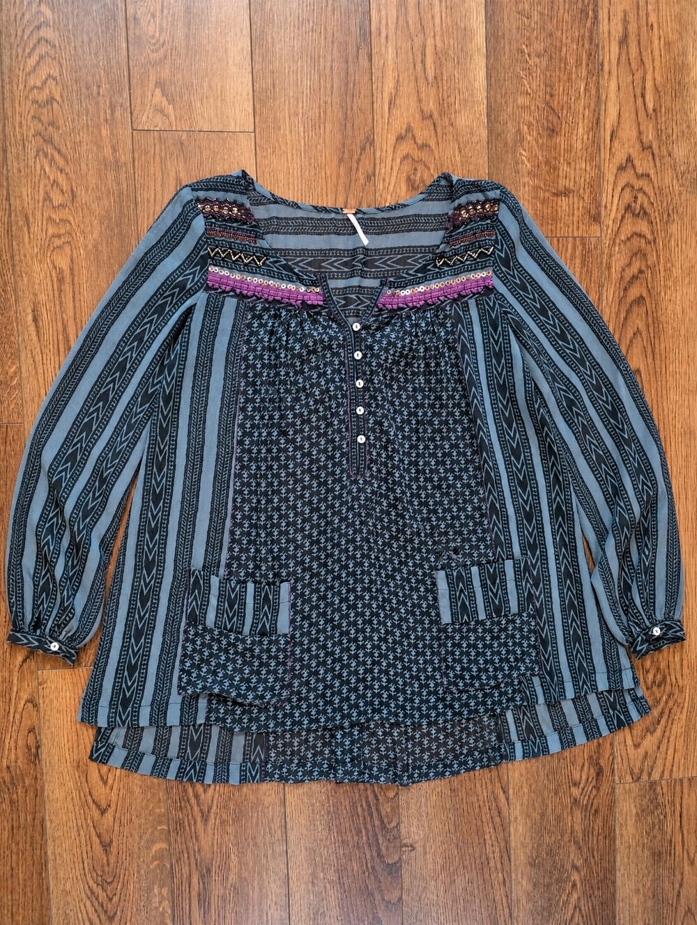 Free People Striped & Printed Boho Tunic with Purple Embroidery